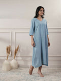 Elegant smoke blue dress with a V-neck and cap sleeves