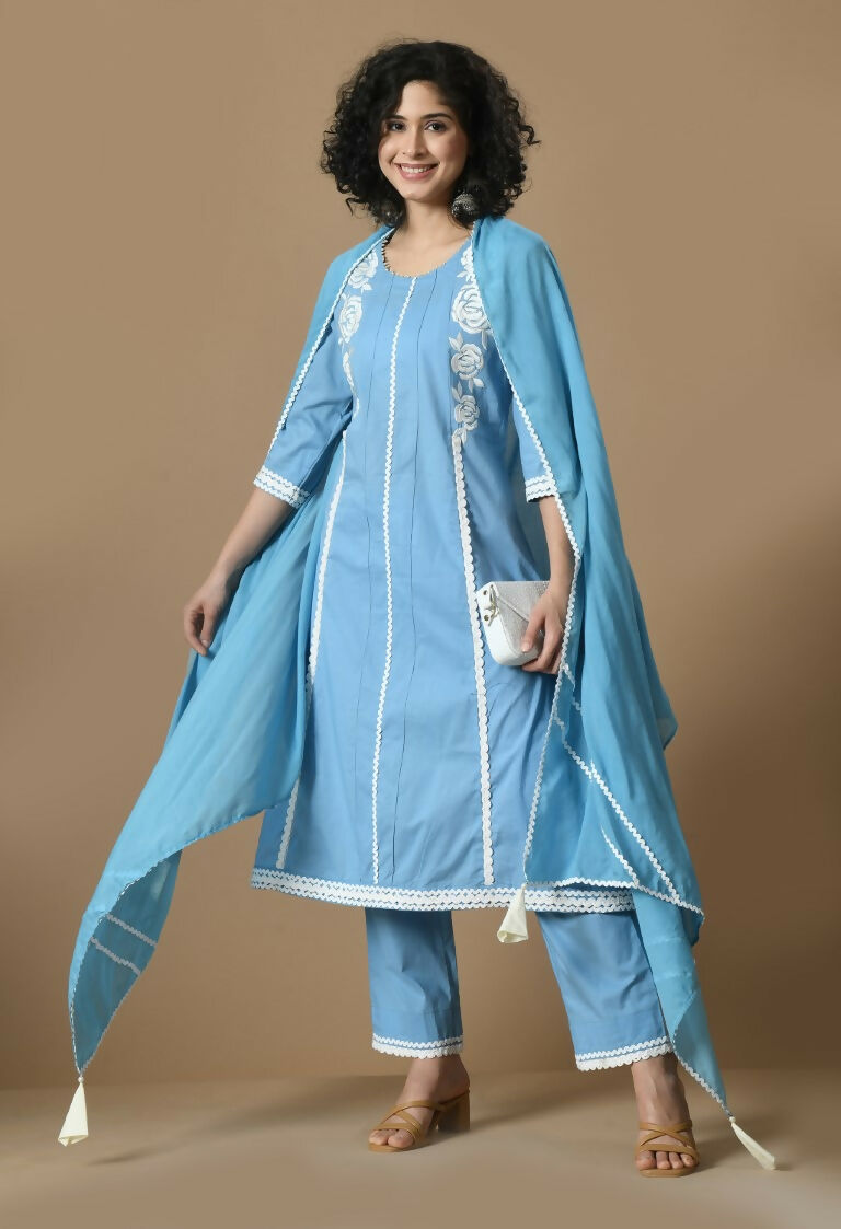 L.Blue Cotton Kurta Set with Organza Dupatta