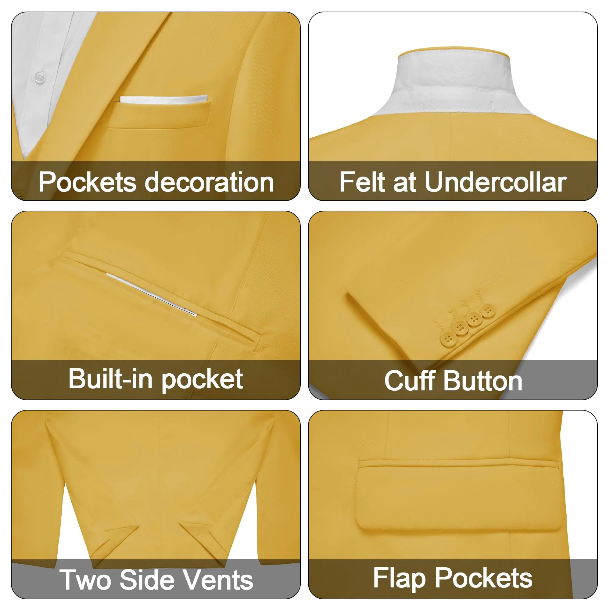 MAGE MALE Men's 3 Pieces Suit Elegant Solid One Button Slim Fit Single Breasted Party Blazer Vest Pants Set Medium Yellow