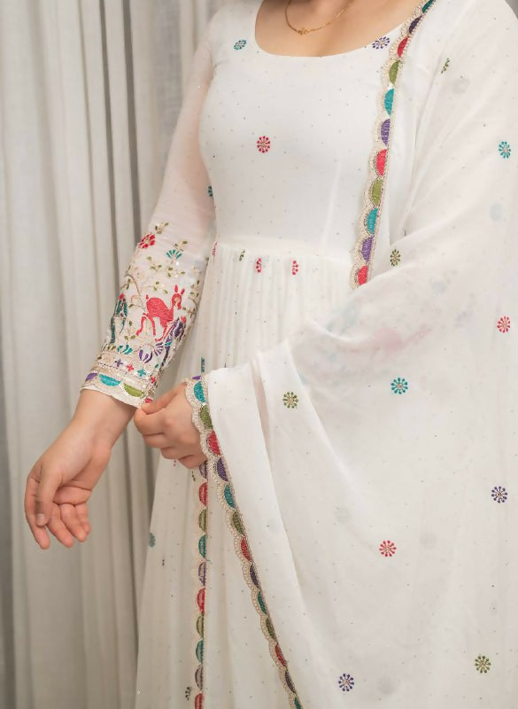 White Georgette Sequence Embroidery Readymade Kurta Set