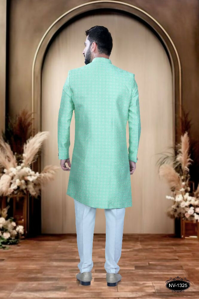 Bluish-Green Brocade Indo-Western Kurta Set for Boys