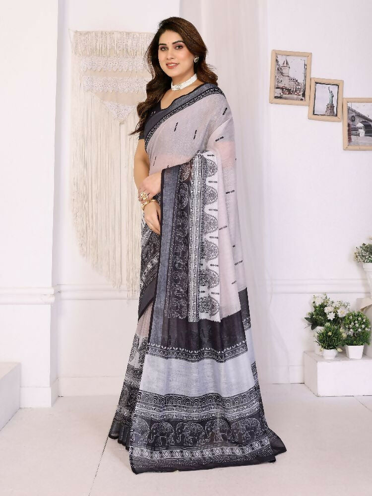 Black Handloom Linen Cotton Zari Saree with Festive Border