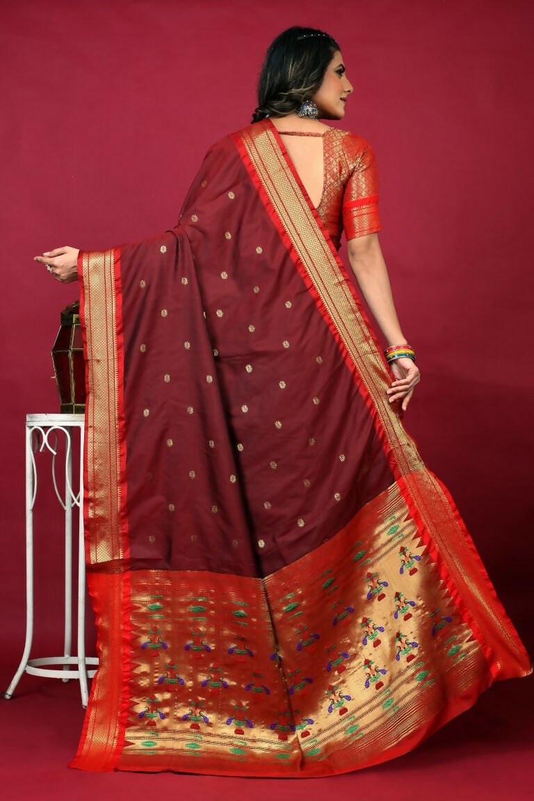 Women's Maroon Paithani Silk Saree with Zari Woven Border & Blouse
