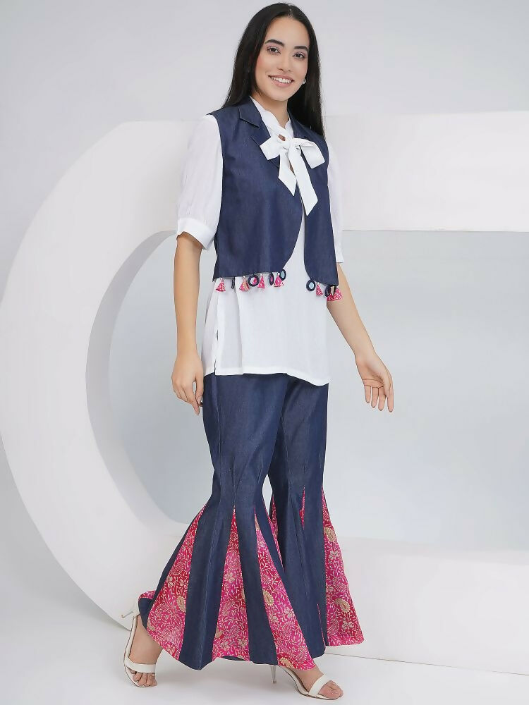 White Rayon Crepe Hand-Embellished Mirror Work Sharara Set