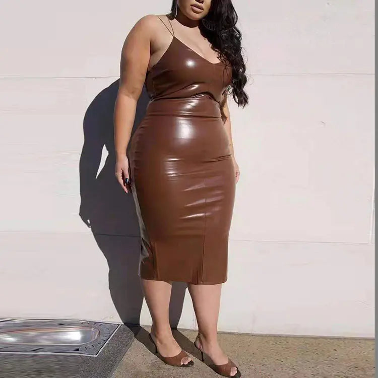 Women's Sleek Leather Midi Dress with Asymmetric Strap Design - Image 16