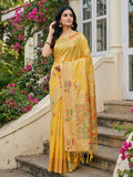 Vibrant Yellow Linen Cotton Saree featuring natural weave and matching blouse piece.