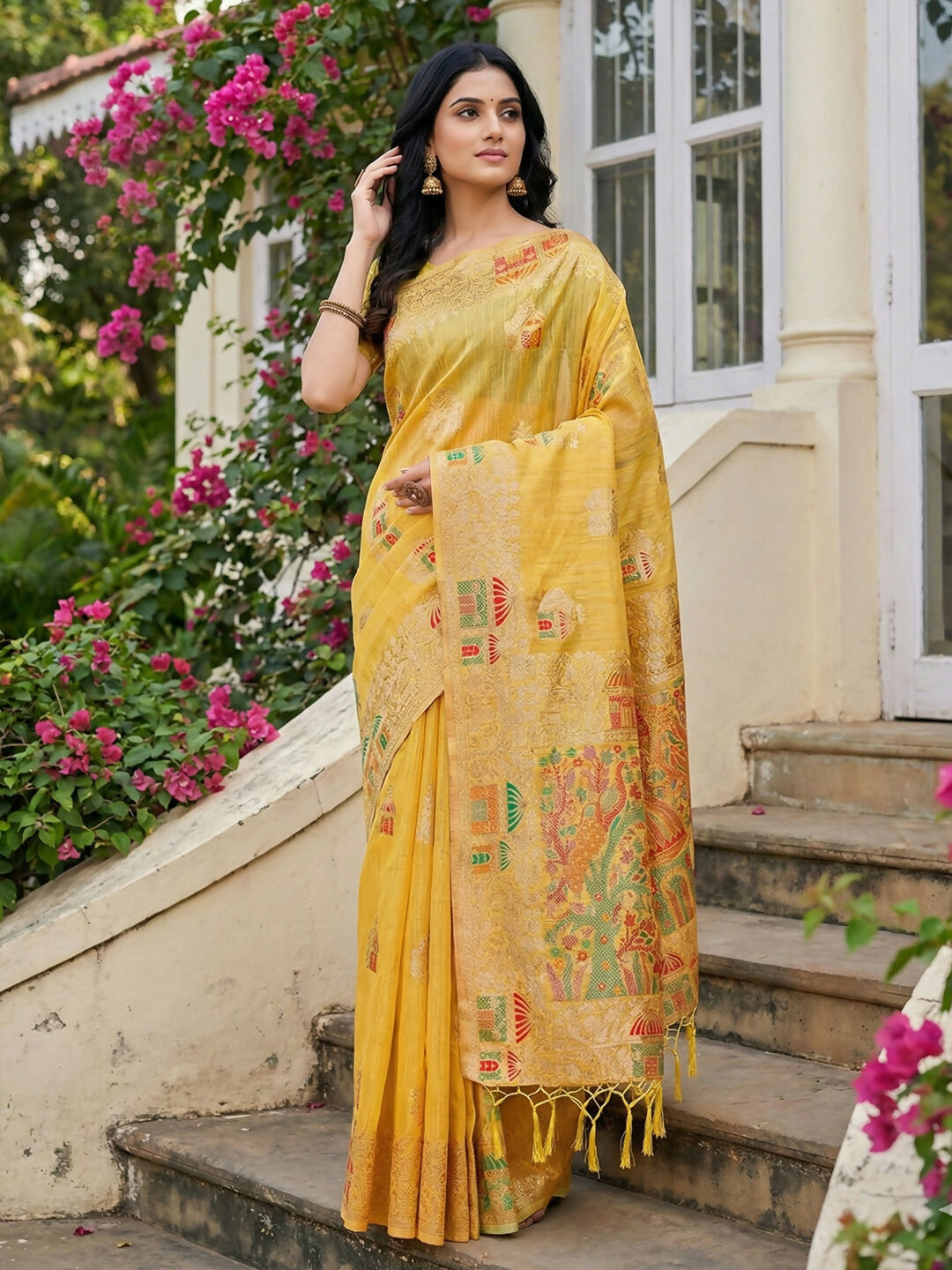 Vibrant Yellow Linen Cotton Saree featuring natural weave and matching blouse piece.