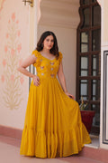 Bright yellow georgette gown with sequence embroidery detailing