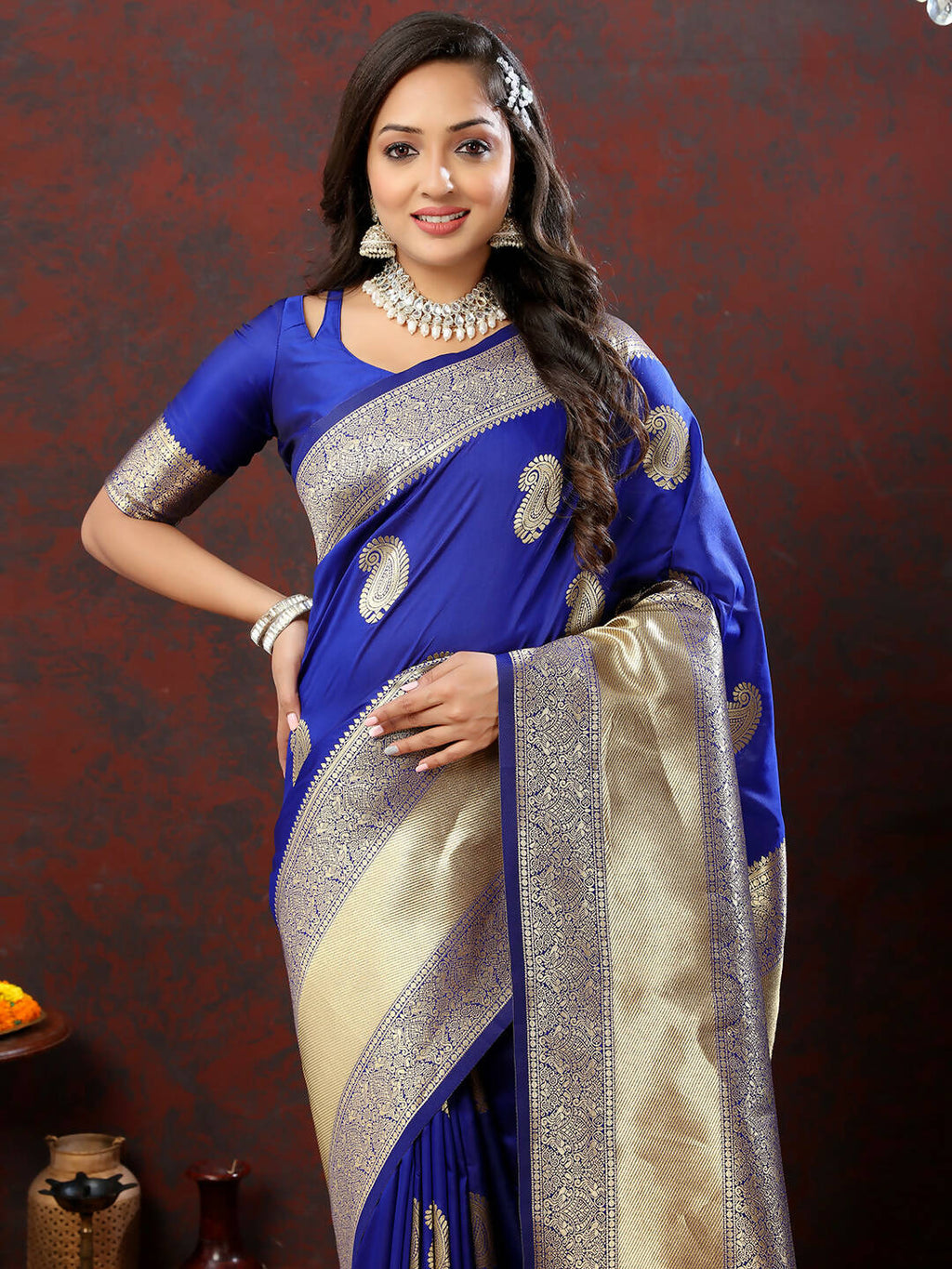 Blue Soft Silk Saree with Traditional Gold Zari Weaving Design