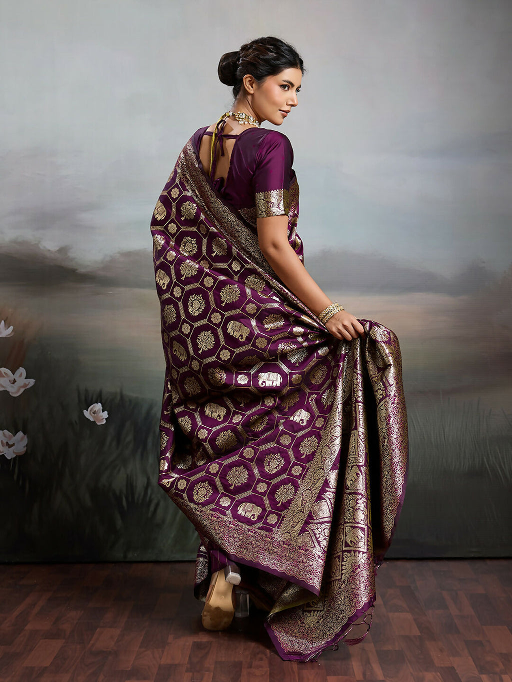 Wine Silk Blend Saree with Matching Blouse Piece