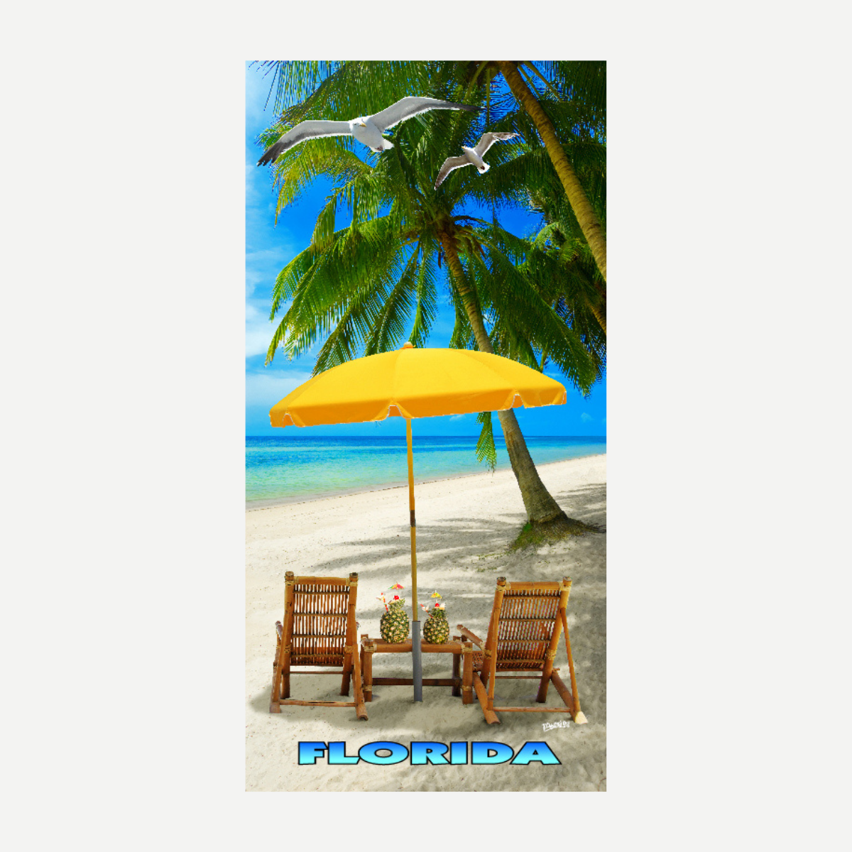A rectangular beach towel featuring a sunny Florida beach scene with two wooden chairs, a yellow umbrella, and palm trees.