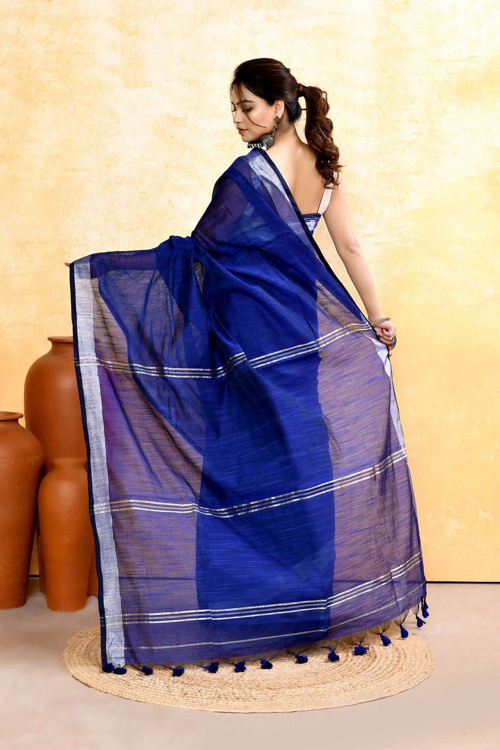 Royal Blue Embellished Cotton Blend Saree with Zari Border