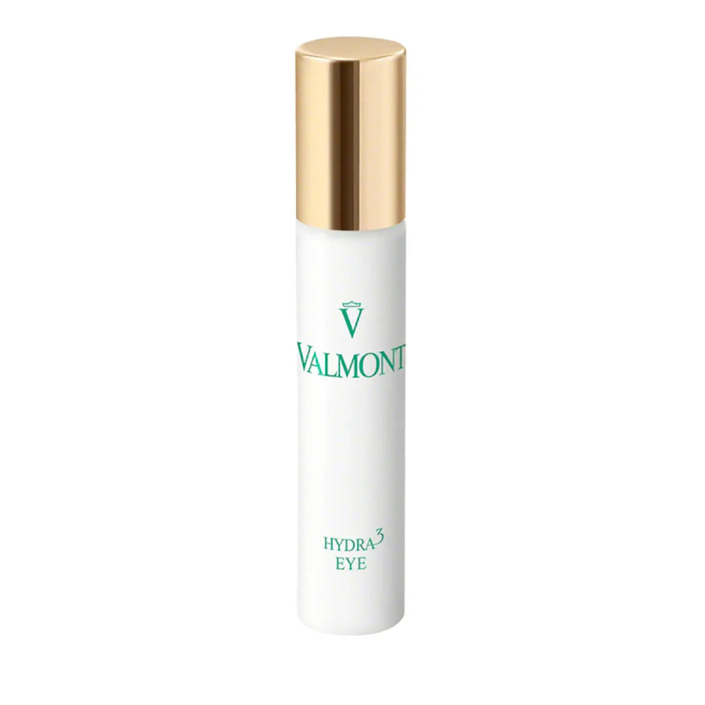 Valmont Hydra3 Eye emulsion bottle in white, gold, and pale-green packaging
