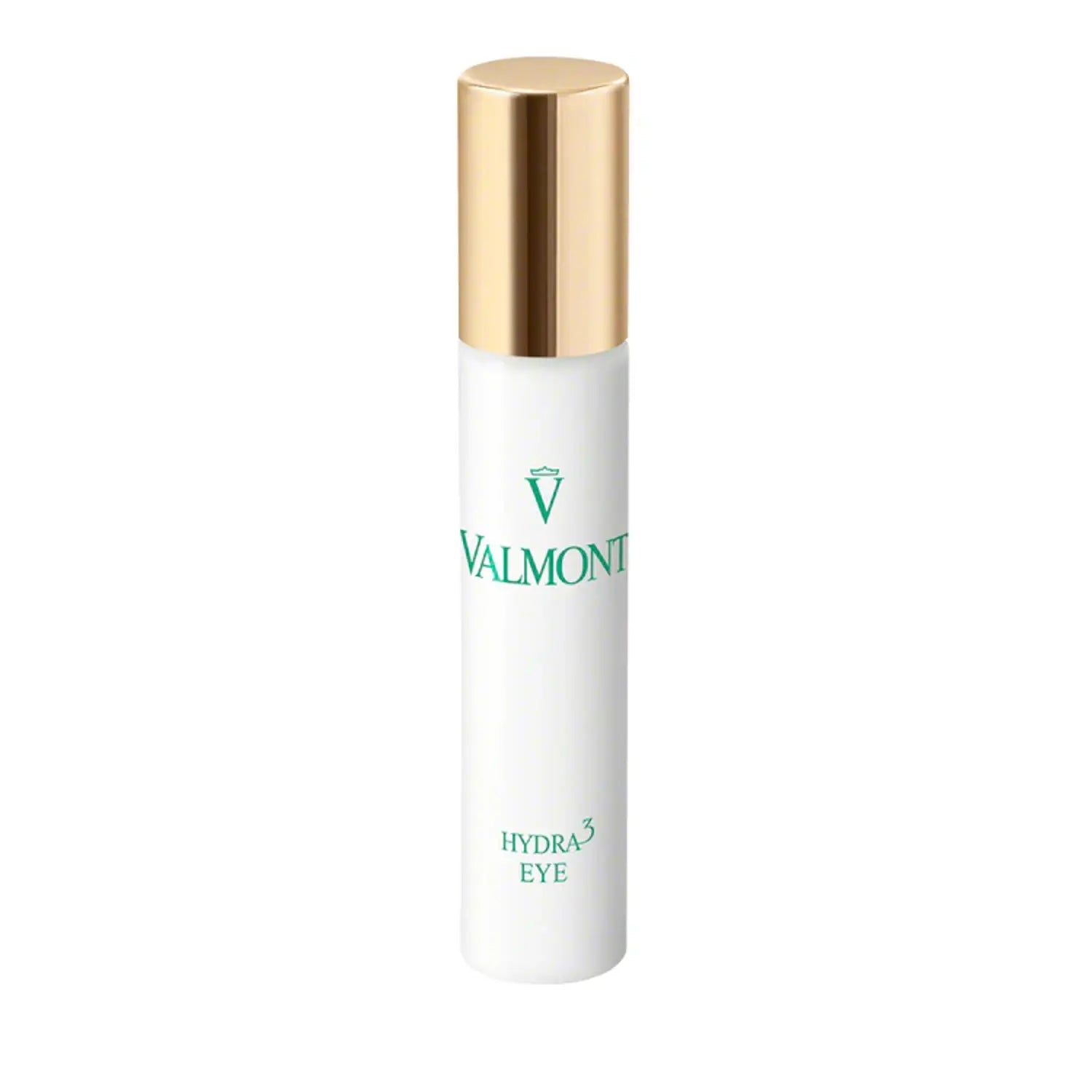 Valmont Hydra3 Eye emulsion bottle in white, gold, and pale-green packaging