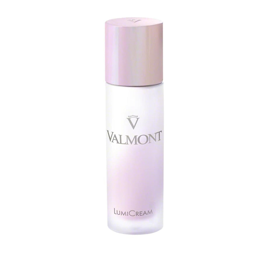 Valmont LumiCream 50ML bottle with pump dispenser against a minimalist pale pink gradient background.