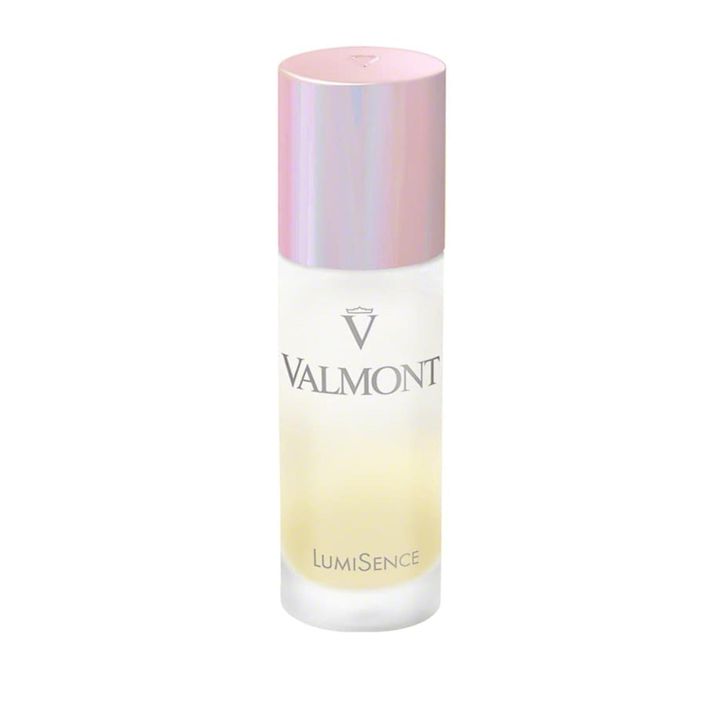 Valmont LumiSence serum in a sleek, minimalist clear and white glass bottle.