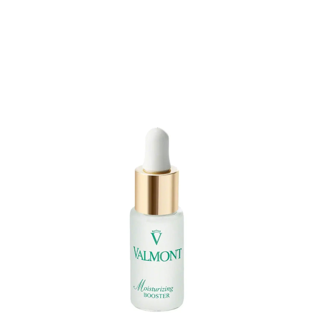 Valmont Moisturizing Booster gel serum in clear, gold, and white bottle 20ml