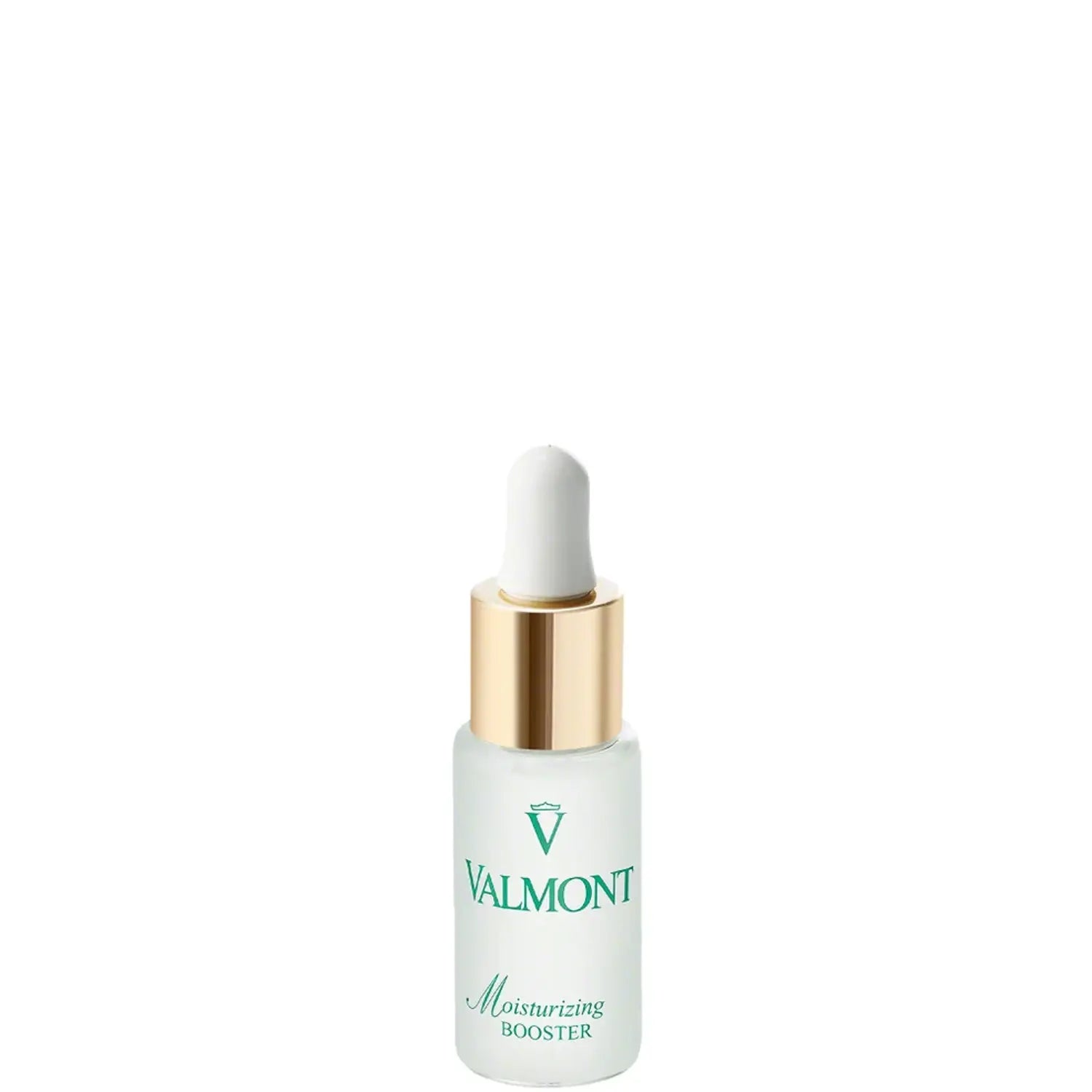 Valmont Moisturizing Booster gel serum in clear, gold, and white bottle 20ml