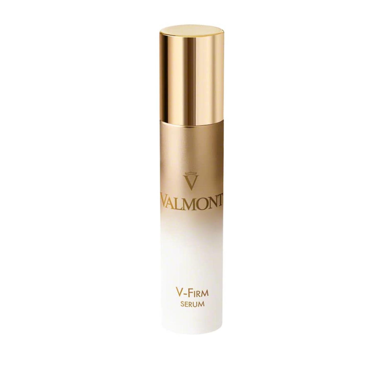 Valmont V-Firm Serum in a gold and white minimalist bottle.