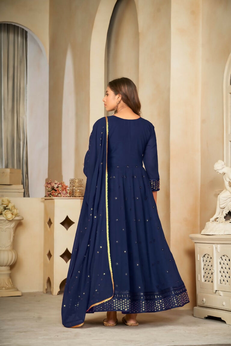 Blue Georgette Embroidered Anarkali Kurta Pant Set with Dupatta