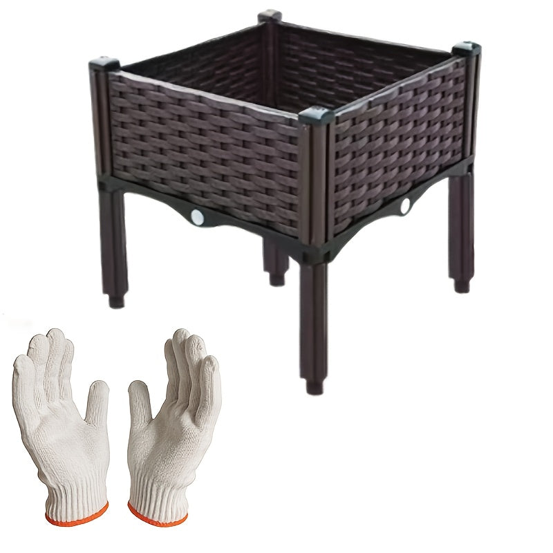 Modern dark brown wicker-texture raised garden bed with black supports on a balcony