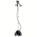 Monochromatic standing 1500W garment steamer with 1.8L tank in sleek black, white, and silver finish.