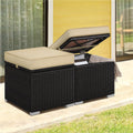 Set of two resin wicker storage ottomans with soft cushions placed on a patio