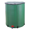 Collapsible rain barrel in a garden setting available in 50, 132, and 200-gallon capacities