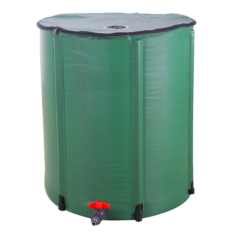Collapsible rain barrel in a garden setting available in 50, 132, and 200-gallon capacities