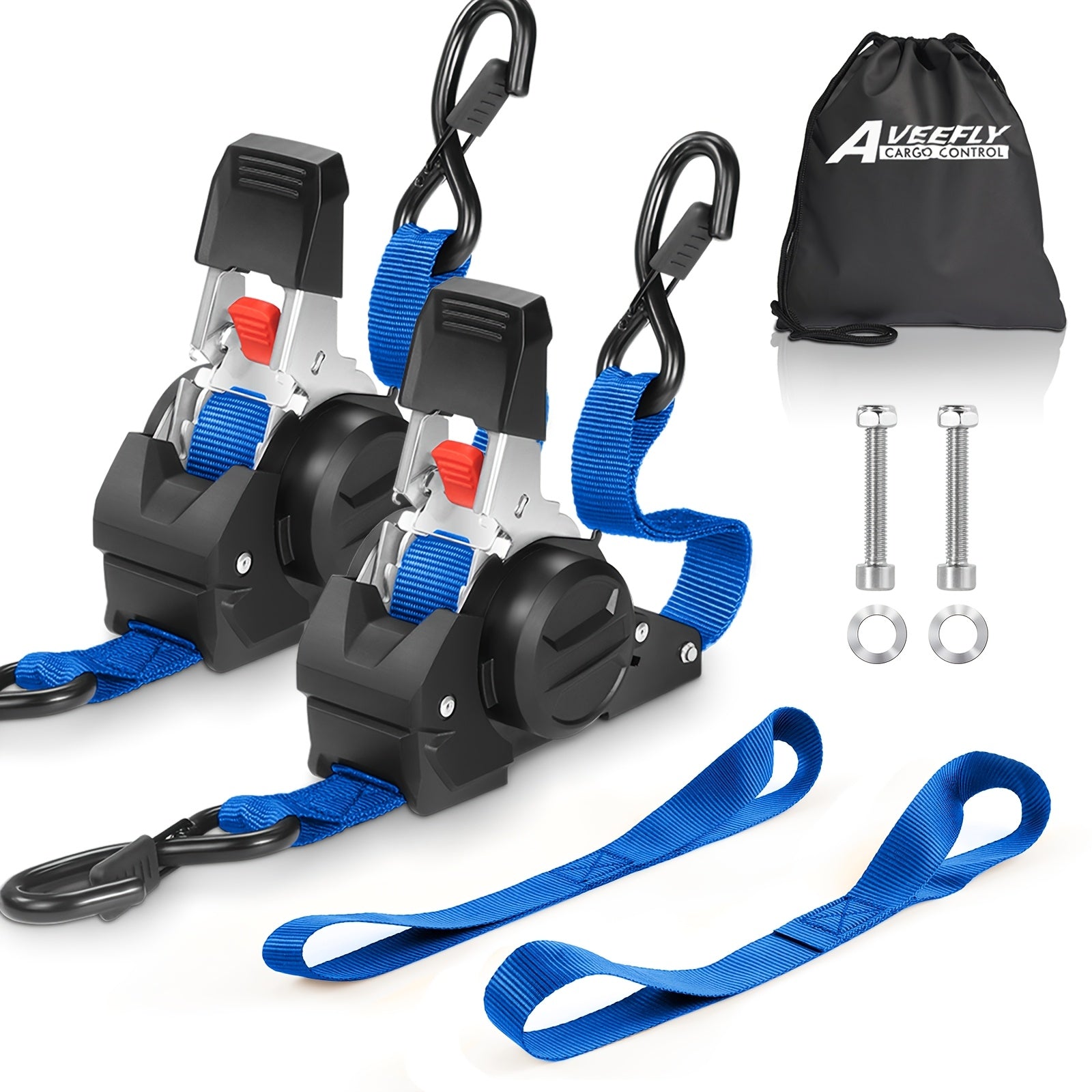 4-piece set of blue and black 10FT retractable heavy-duty ratchet tie-down straps