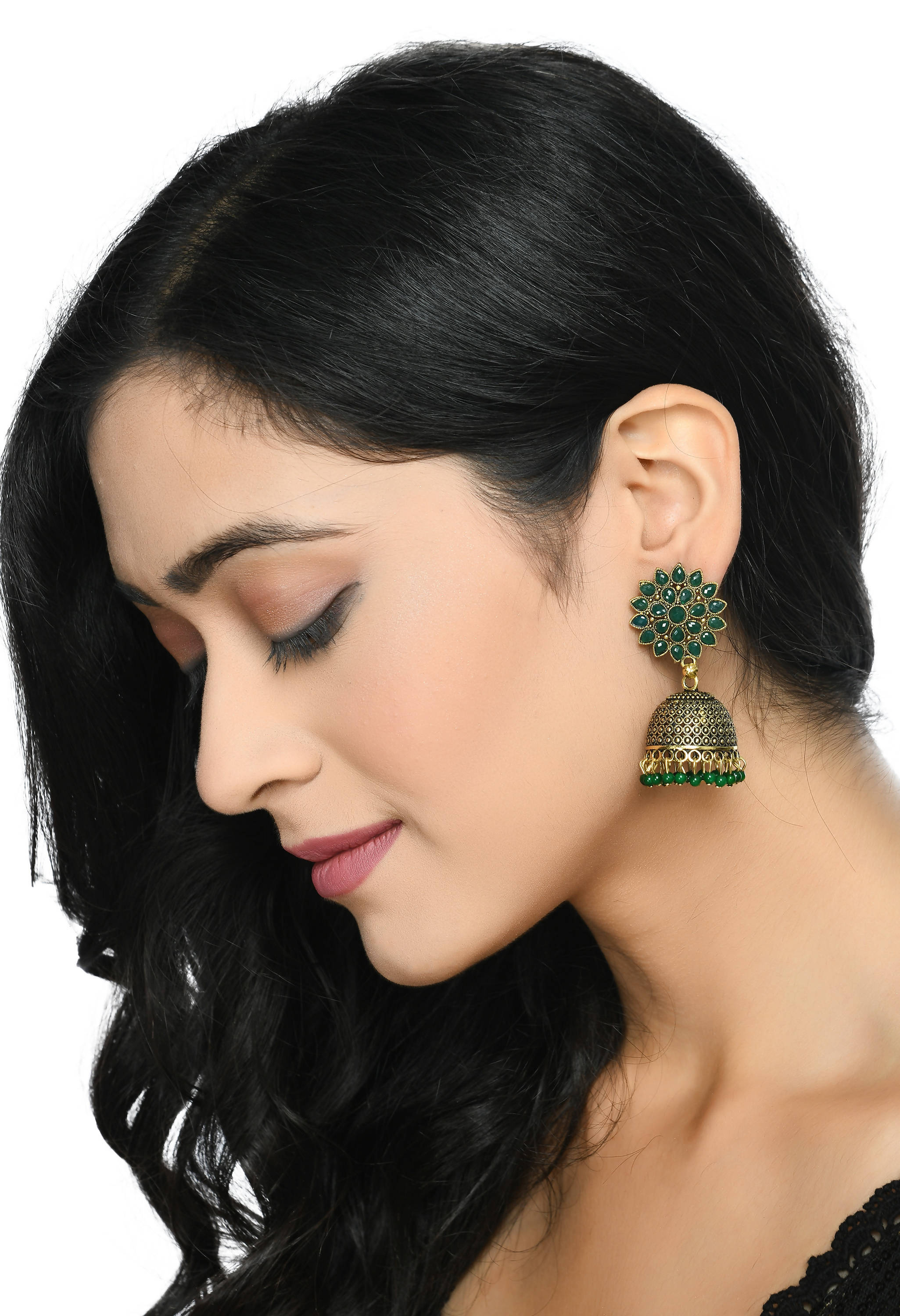 Kundan Work Jhumka Earrings with Green Beads for Girls and Women