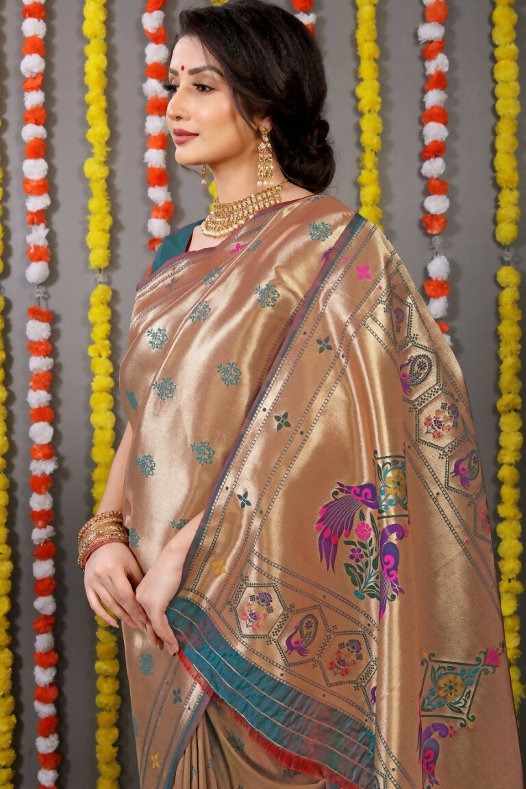 Grey Paithani Silk Saree with Zari Woven Pattern and Blouse