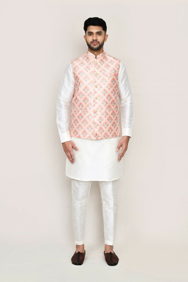 White Art Silk Kurta Set with Matching Jacket and Straight Pants