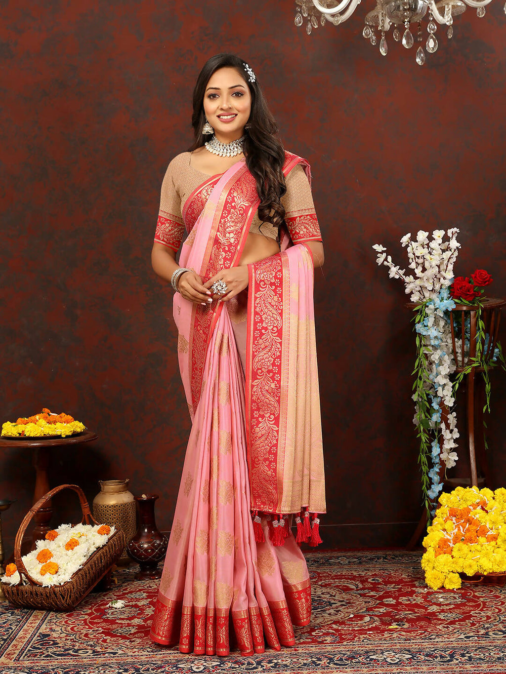 Pink Cotton Saree with Traditional Zari Weaving