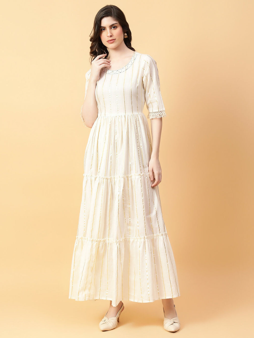Cream Cotton Lurex Hand Work Dress
