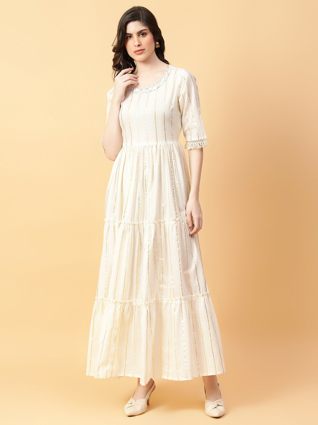 Cream Cotton Lurex Hand Work Dress