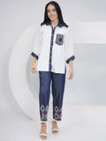Elegant white rayon crepe shirt and matching pants with detailed hand-embellishment