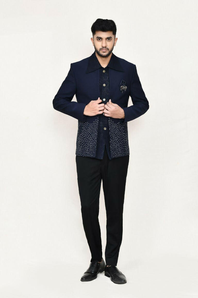 Blue Geometric Pattern Open Prince Coat with Trouser Set
