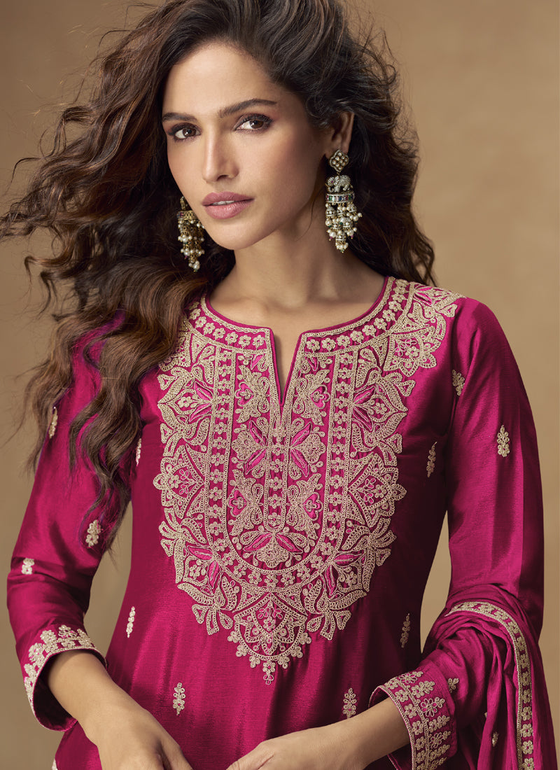 Pink Chinon Silk Embroidered Palazzo Suit Set with Gota Patti