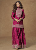 Elegant pink Chinon silk palazzo suit with intricate gota patti embroidery and matching dupatta