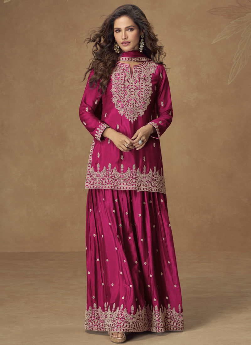 Elegant pink Chinon silk palazzo suit with intricate gota patti embroidery and matching dupatta