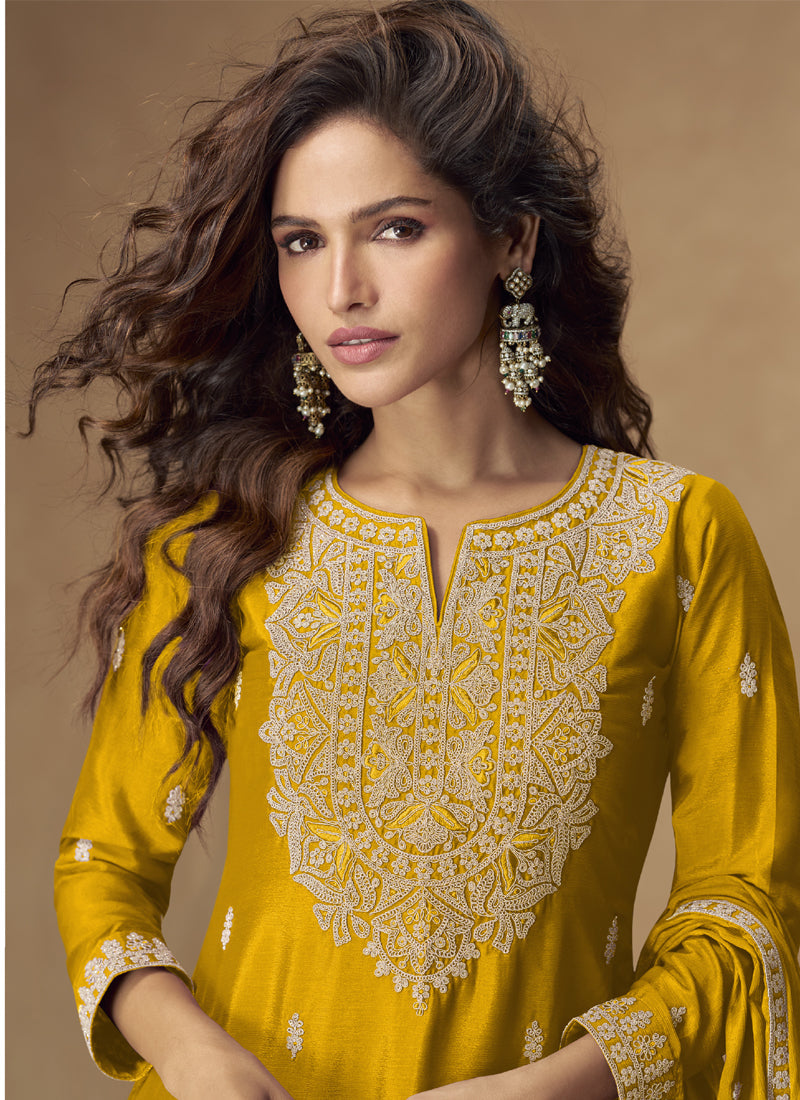 Yellow Chinon Silk Embroidered Palazzo Suit Set