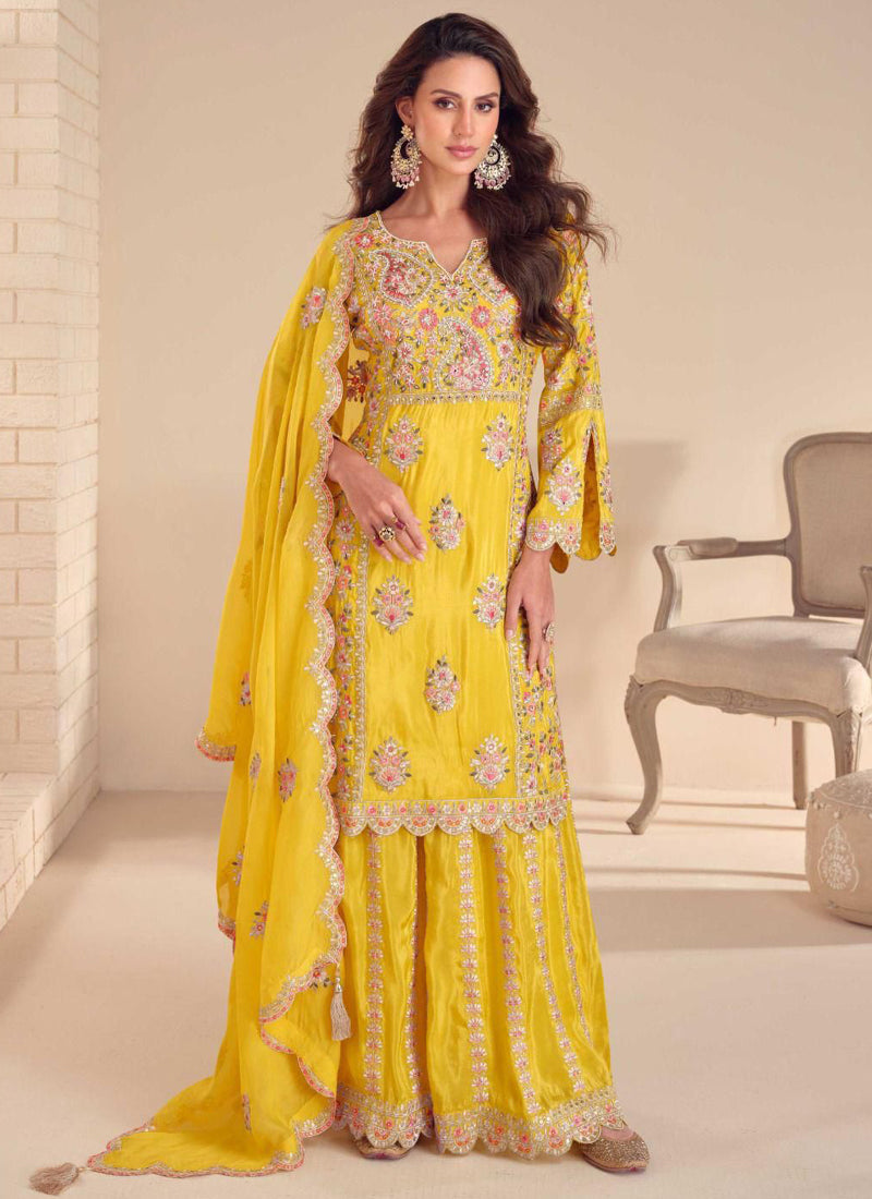Yellow Shimmer Silk embroidered palazzo suit with Gota Patti and festive detail