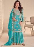 Sky Blue Shimmer Silk embroidered palazzo suit set with detailed Gota Patti work