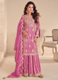 Onion Pink Shimmer Silk Palazzo Suit with Gota Patti embroidery
