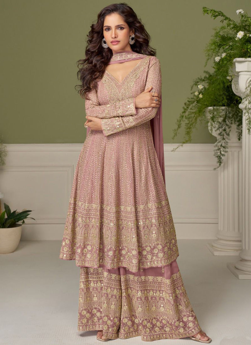 Light-pink Real Georgette salwar suit with detailed embroidery