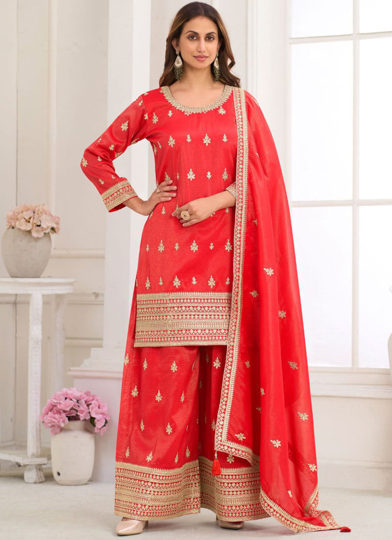 Classic red embroidered real simar silk salwar suit for bridal or formal events