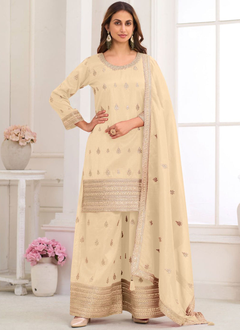 Cream color Real Simar Silk salwar suit with detailed embroidery