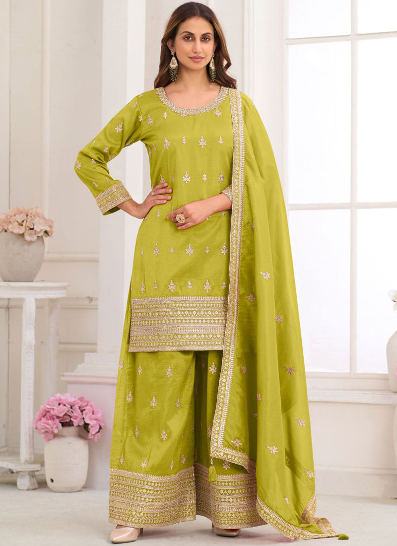 Light-green embroidered real simar silk salwar suit perfect for summer weddings