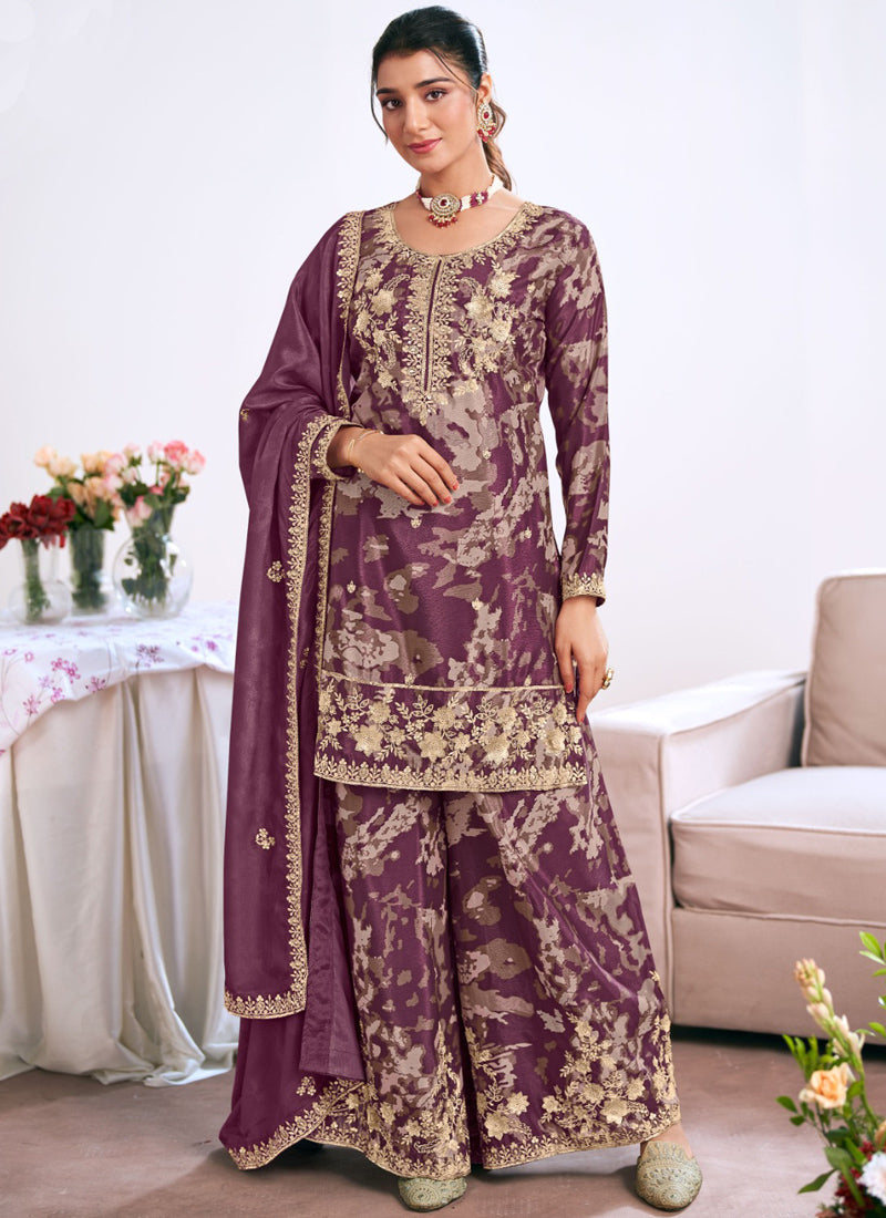 Light-purple Chinon Silk salwar suit with embroidery